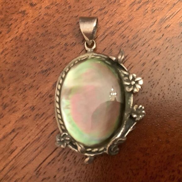 sterling SILVER 925 ABALONE MOTHER OF PEARL OVAL PENDANT - Picture 5 of 7